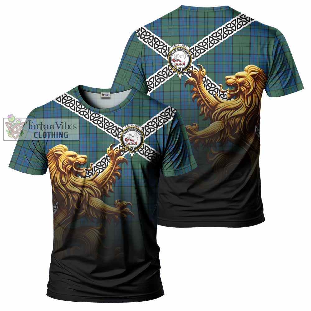 Tartan Vibes Clothing Lockhart Crest Tartan T-Shirt with Golden Lion Emblem Celtic Style