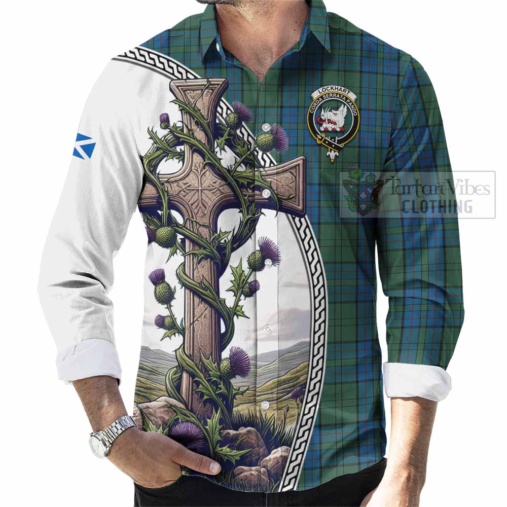 Lockhart Tartan Long Sleeve Button Shirt with Family Crest and St. Andrew's Cross Accented by Thistle Vines - Tartan Vibes Clothing