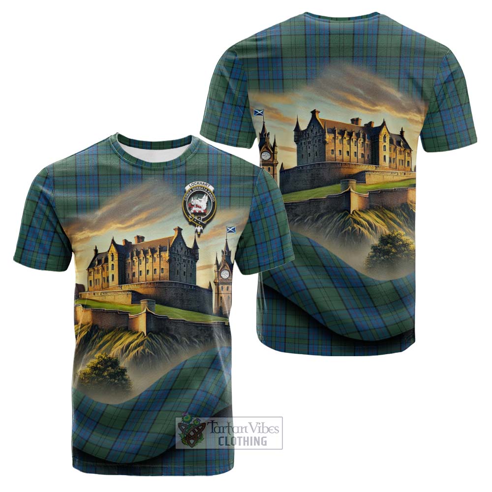 Tartan Vibes Clothing Lockhart Tartan Family Crest Cotton T-shirt with Scottish Ancient Castle Style