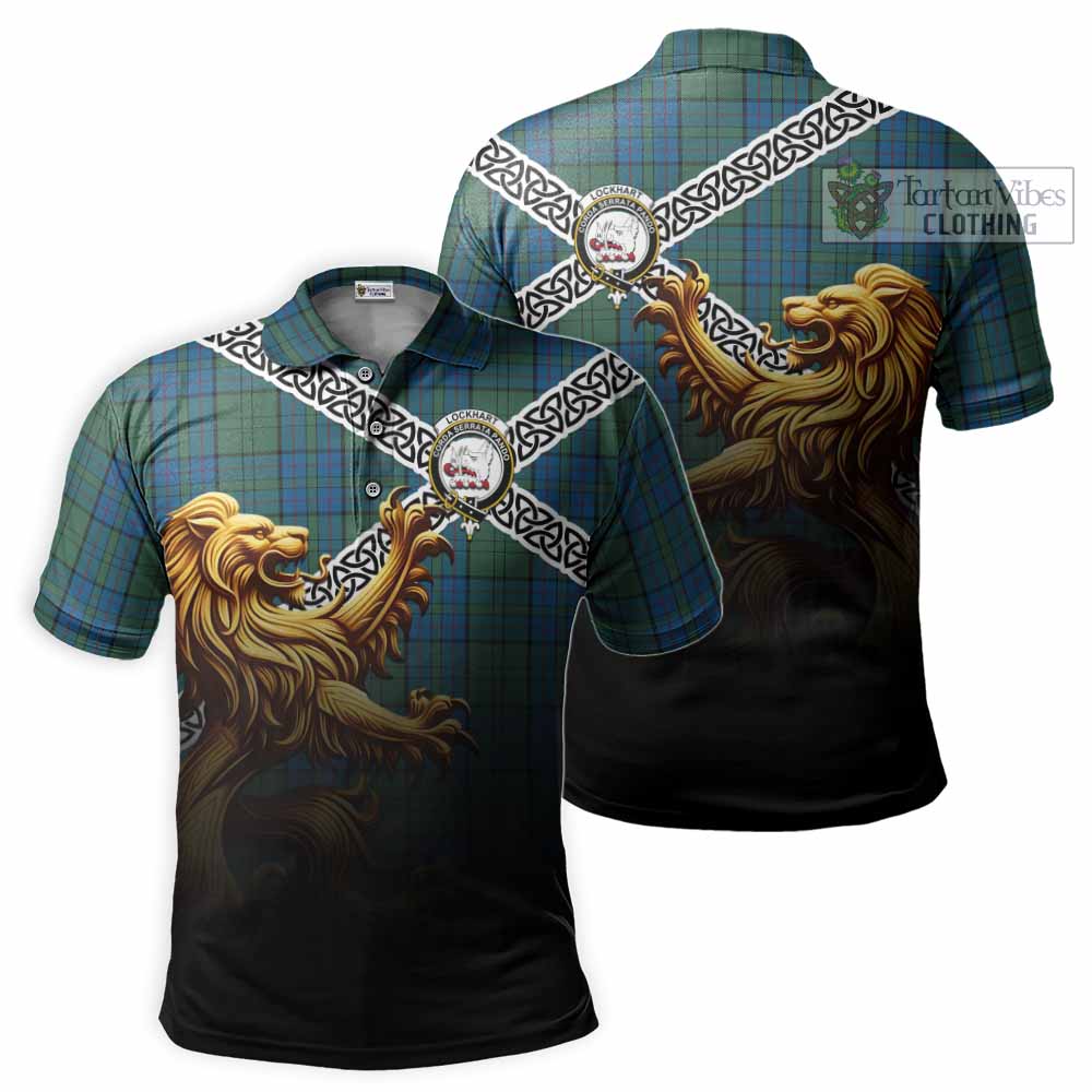 Lockhart Crest Tartan Polo Shirt with Golden Lion Emblem Celtic Style - Tartan Vibes Clothing