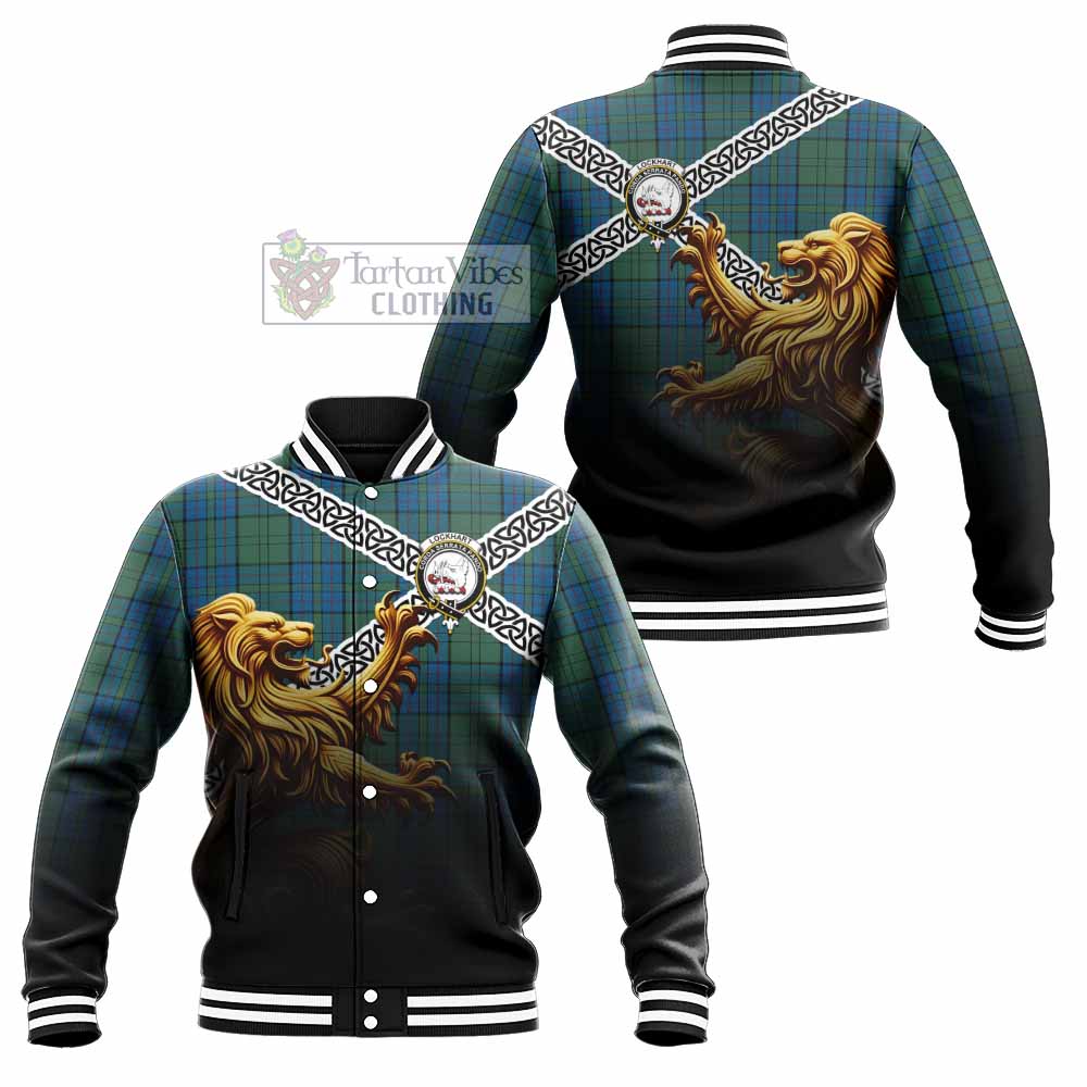 Lockhart Crest Tartan Baseball Jacket with Golden Lion Emblem Celtic Style - Tartan Vibes Clothing