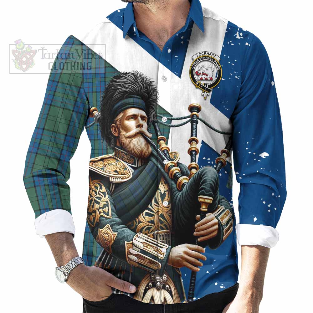 Lockhart Tartan Long Sleeve Button Shirt with Family Crest Scottish Bagpiper Vibes - Tartan Vibes Clothing