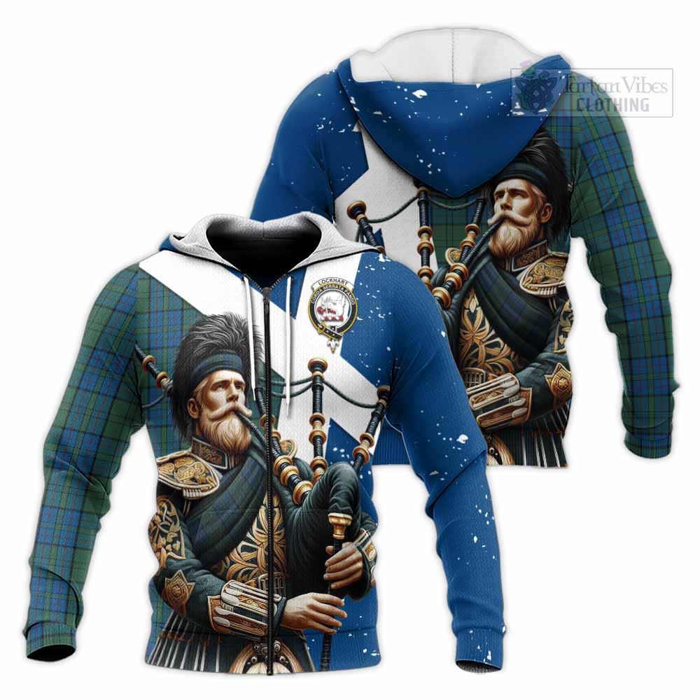 Lockhart Tartan Knitted Hoodie with Family Crest Scottish Bagpiper Vibes Unisex Knitted Zip Hoodie - Tartan Vibes Clothing