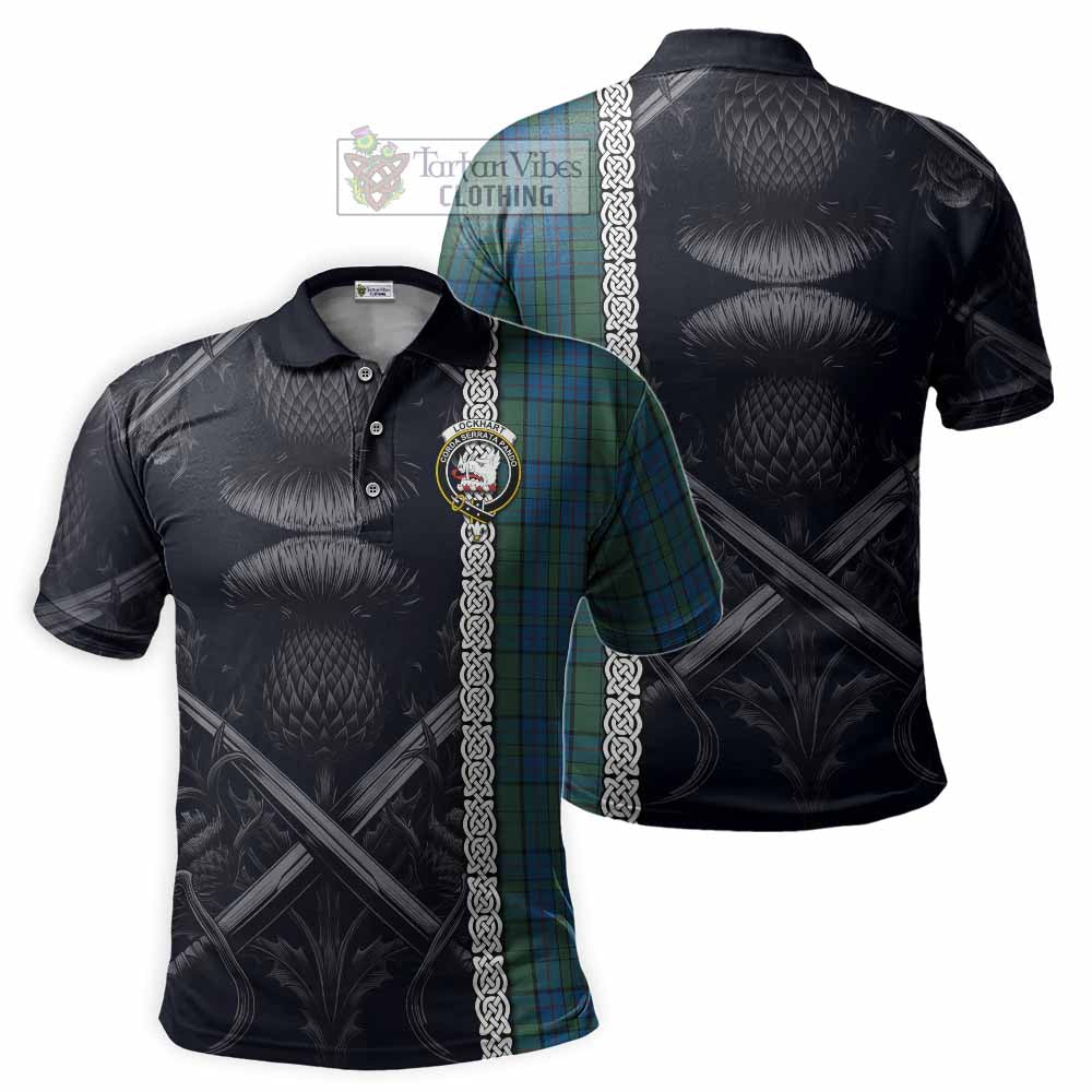 Lockhart Tartan Polo Shirt with Family Crest Cross Sword Thistle Celtic Vibes - Tartan Vibes Clothing