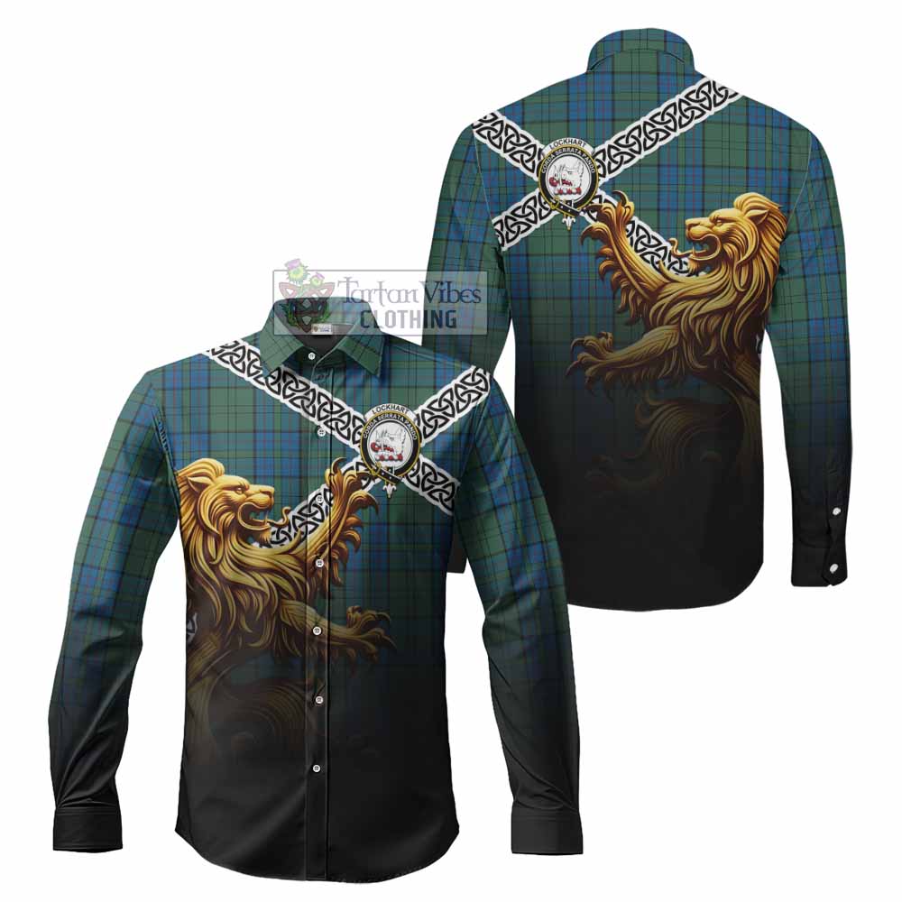 Lockhart Crest Tartan Long Sleeve Button Shirt with Golden Lion Emblem Celtic Style - Tartan Vibes Clothing