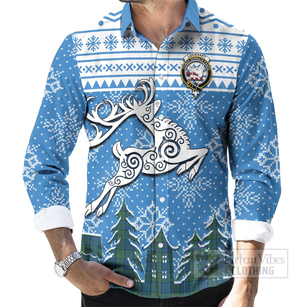 Lockhart Clan Christmas Long Sleeve Button Shirt Celtic Reindeer Style - Tartan Vibes Clothing