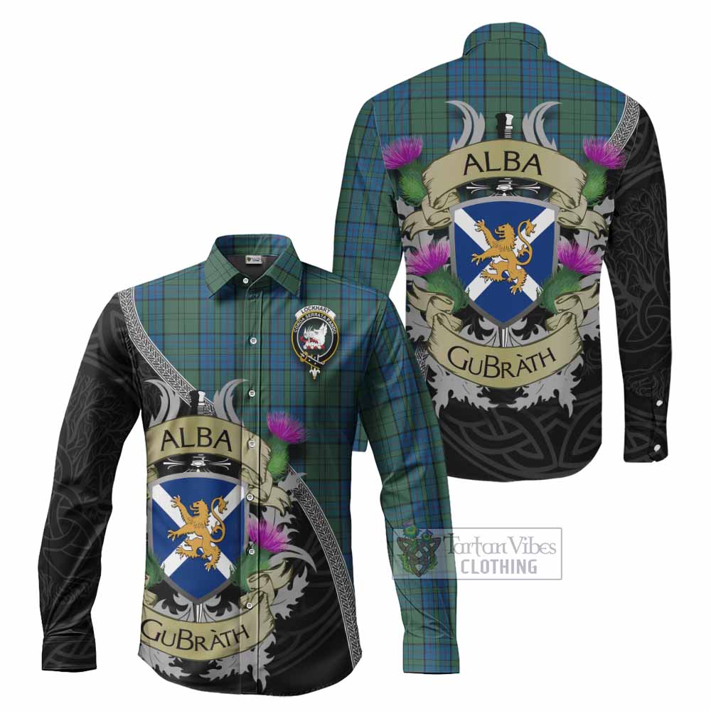Lockhart Tartan Family Crest Long Sleeve Button Shirt Lion Rampant Royal Thistle Shield Celtic Inspired - Tartan Vibes Clothing