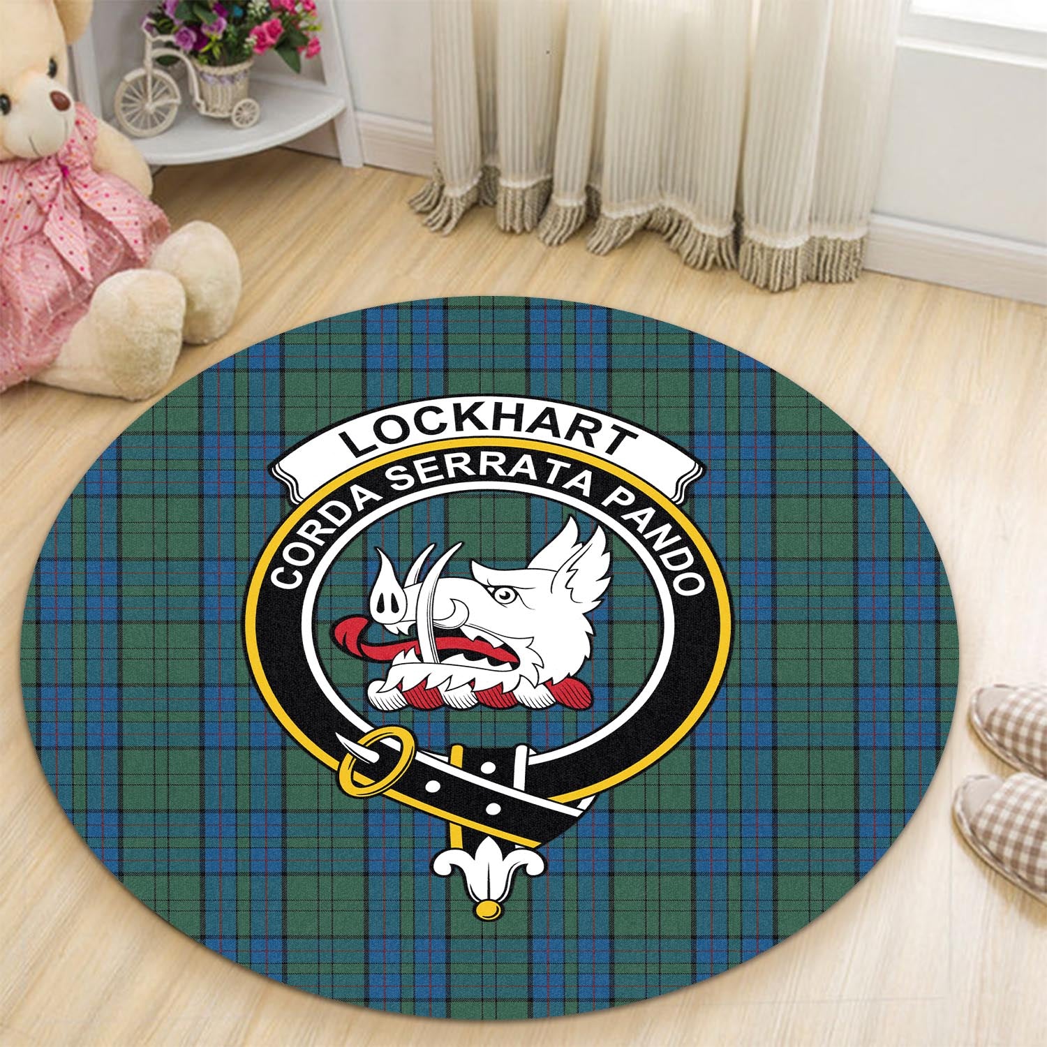 Lockhart Tartan Round Rug with Family Crest - Tartan Vibes Clothing