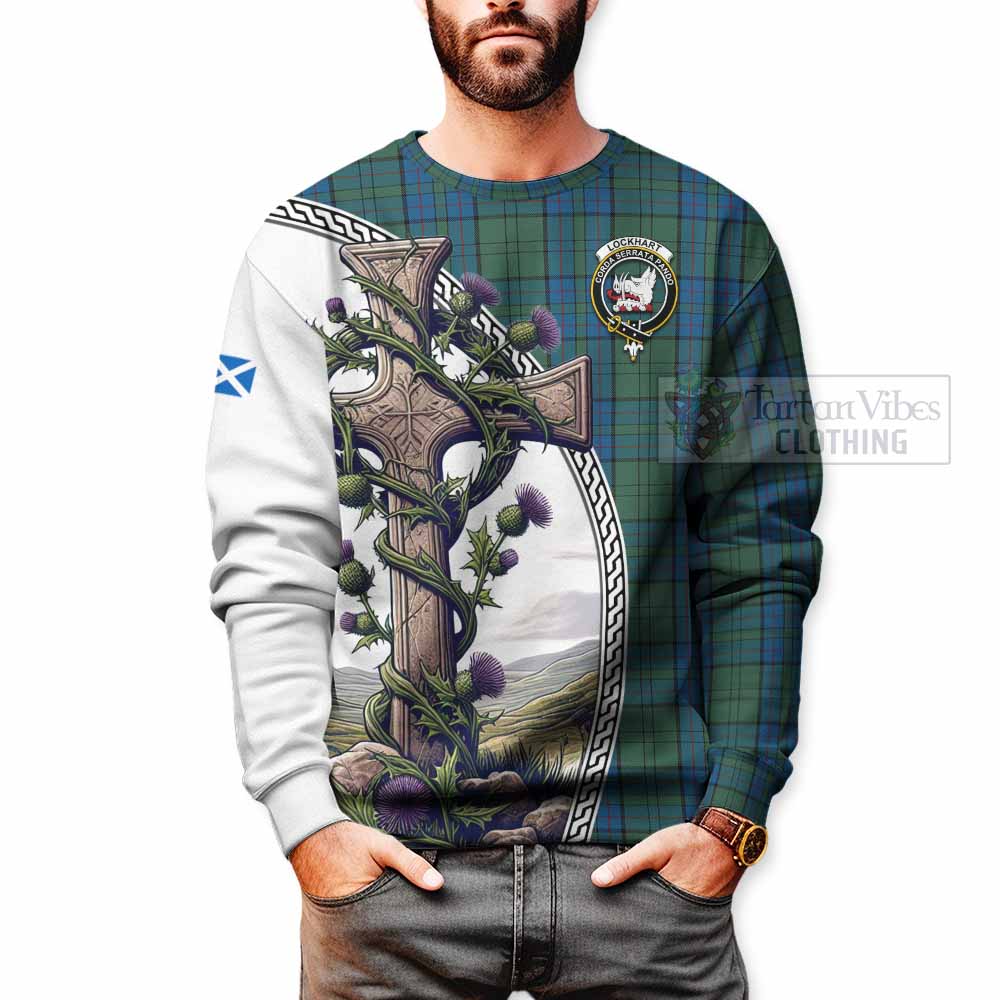 Lockhart Tartan Sweatshirt with Family Crest and St. Andrew's Cross Accented by Thistle Vines - Tartan Vibes Clothing