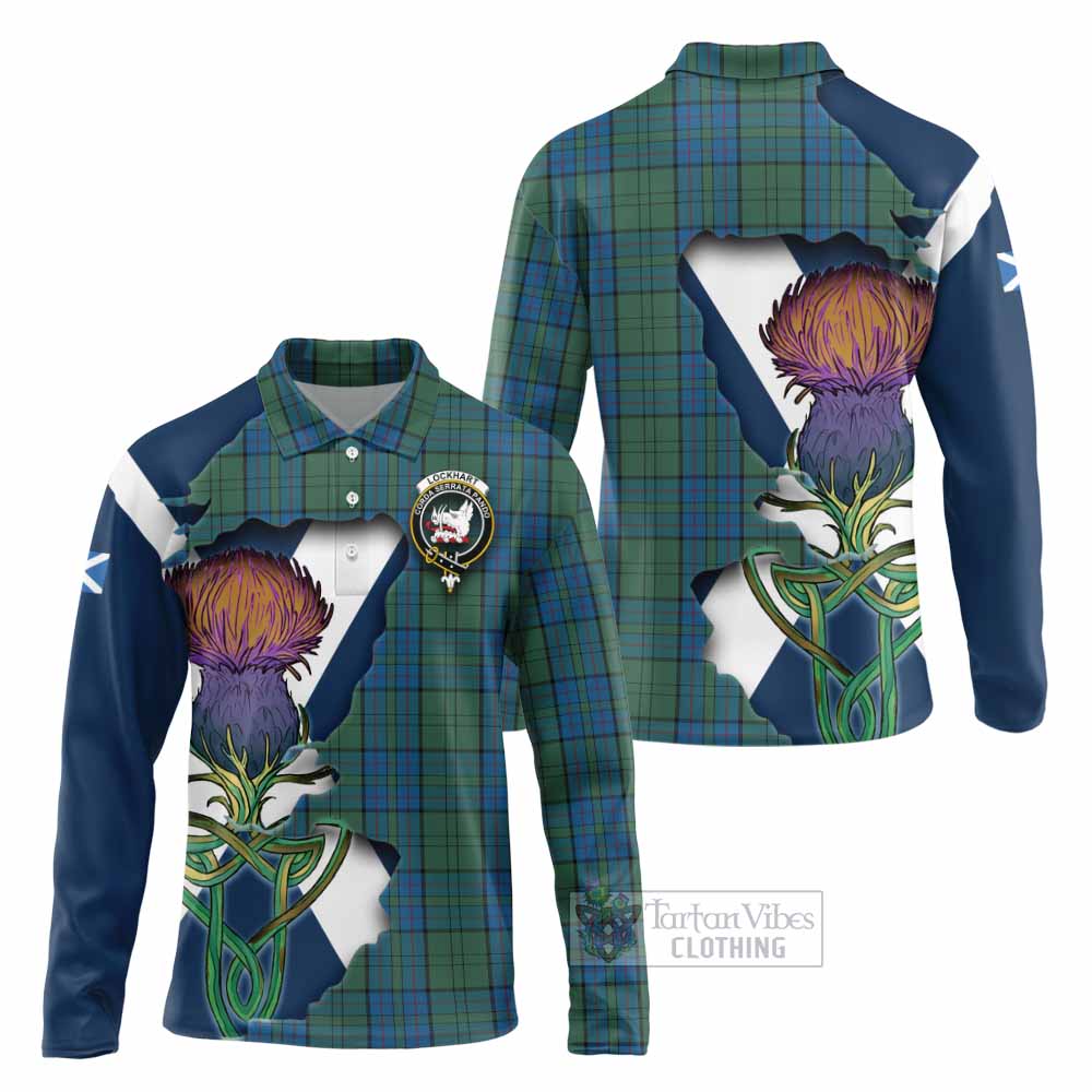 Tartan Vibes Clothing Lockhart Tartan Family Crest Long Sleeve Polo Shirt Scottish Thistle Celtic Inspired