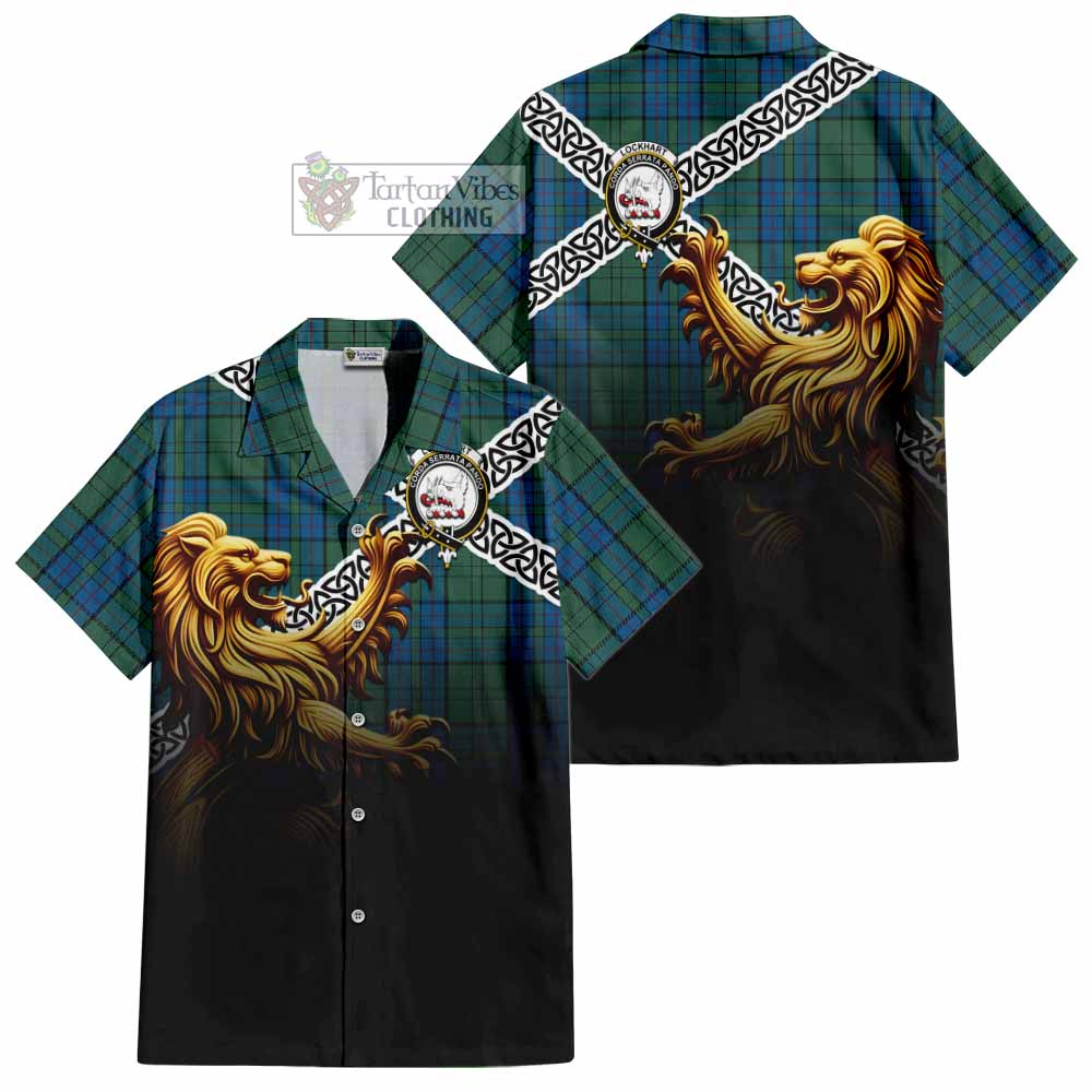Lockhart Crest Tartan Hawaiian Shirt with Golden Lion Emblem Celtic Style - Tartan Vibes Clothing