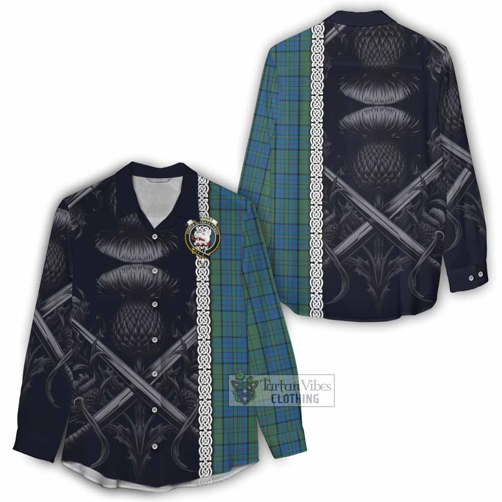 Lockhart Tartan Women's Casual Shirt with Family Crest Cross Sword Thistle Celtic Vibes - Tartan Vibes Clothing