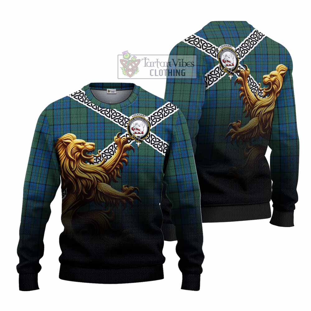 Lockhart Crest Tartan Knitted Sweater with Golden Lion Emblem Celtic Style - Tartan Vibes Clothing
