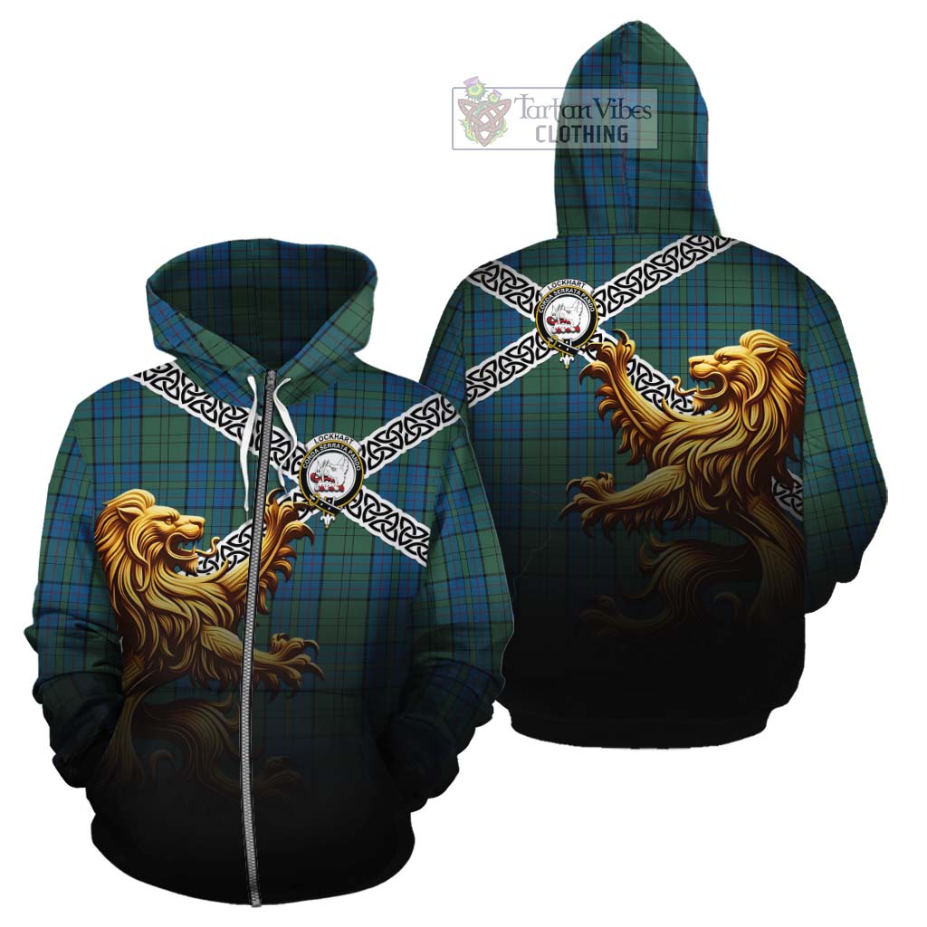 Lockhart Crest Tartan Cotton Hoodie with Golden Lion Emblem Celtic Style Zip Hoodie - Tartan Vibes Clothing
