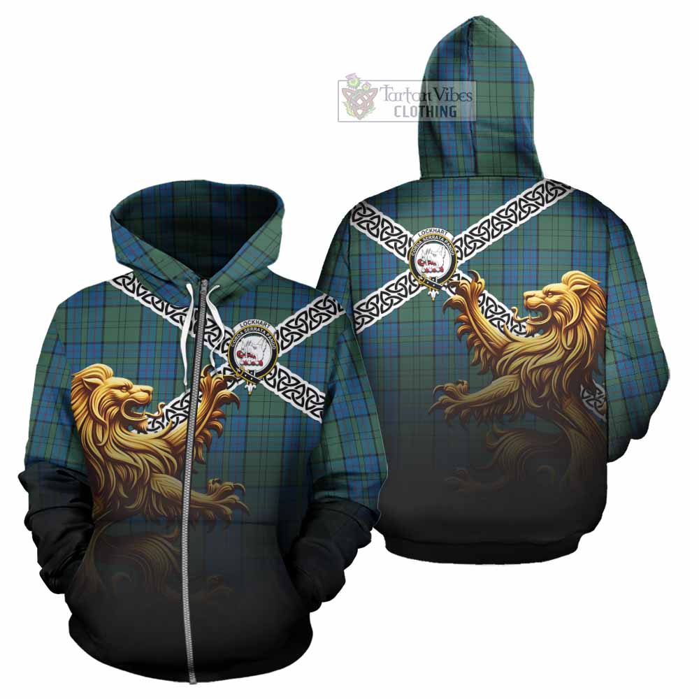 Lockhart Crest Tartan Hoodie with Golden Lion Emblem Celtic Style Zip Hoodie - Tartan Vibes Clothing