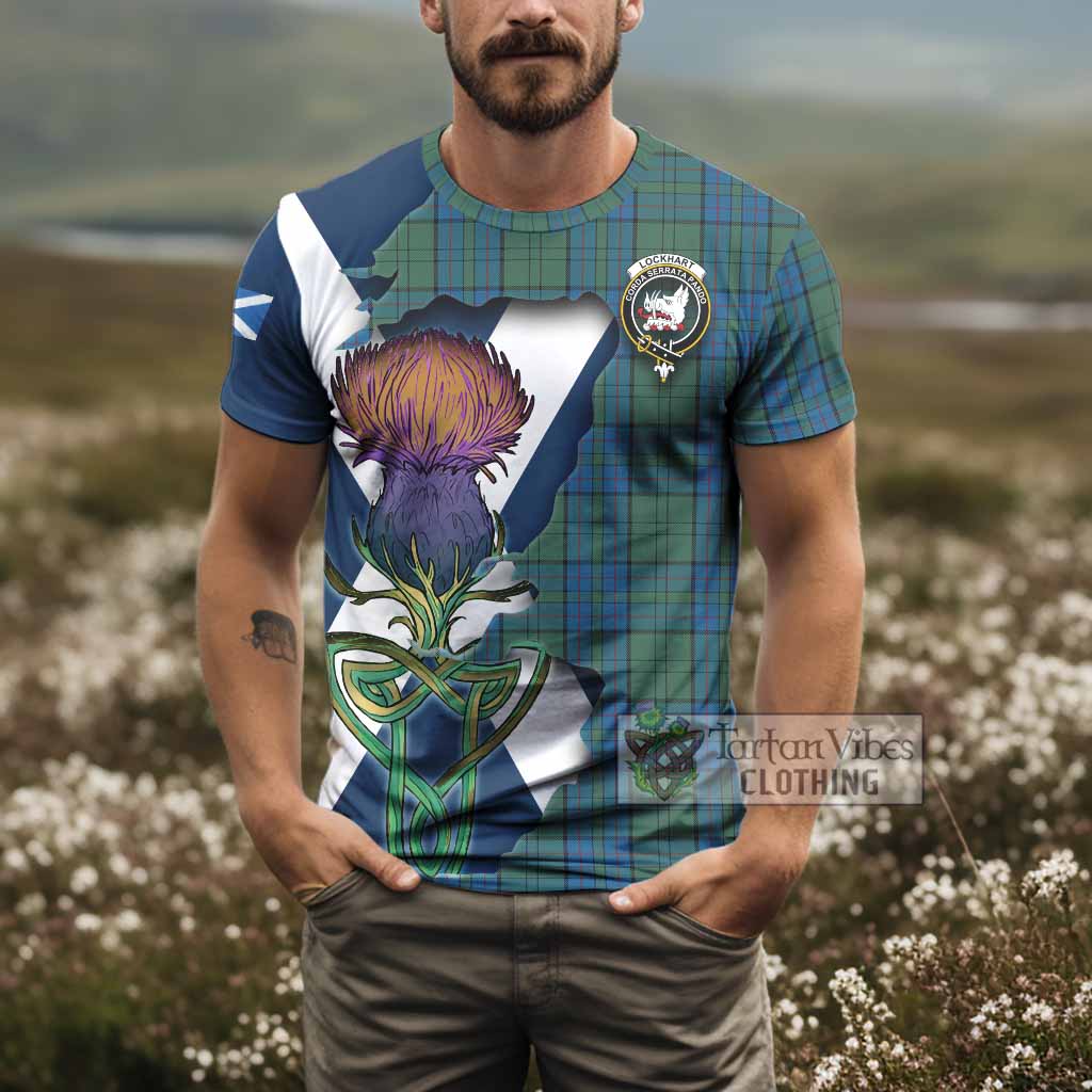 Tartan Vibes Clothing Lockhart Tartan Family Crest T-Shirt Scottish Thistle Celtic Inspired