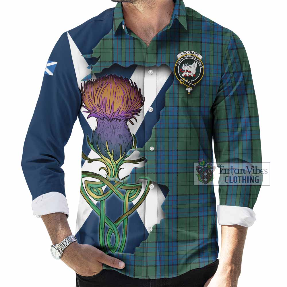 Lockhart Tartan Family Crest Long Sleeve Button Shirt Scottish Thistle Celtic Inspired - Tartan Vibes Clothing