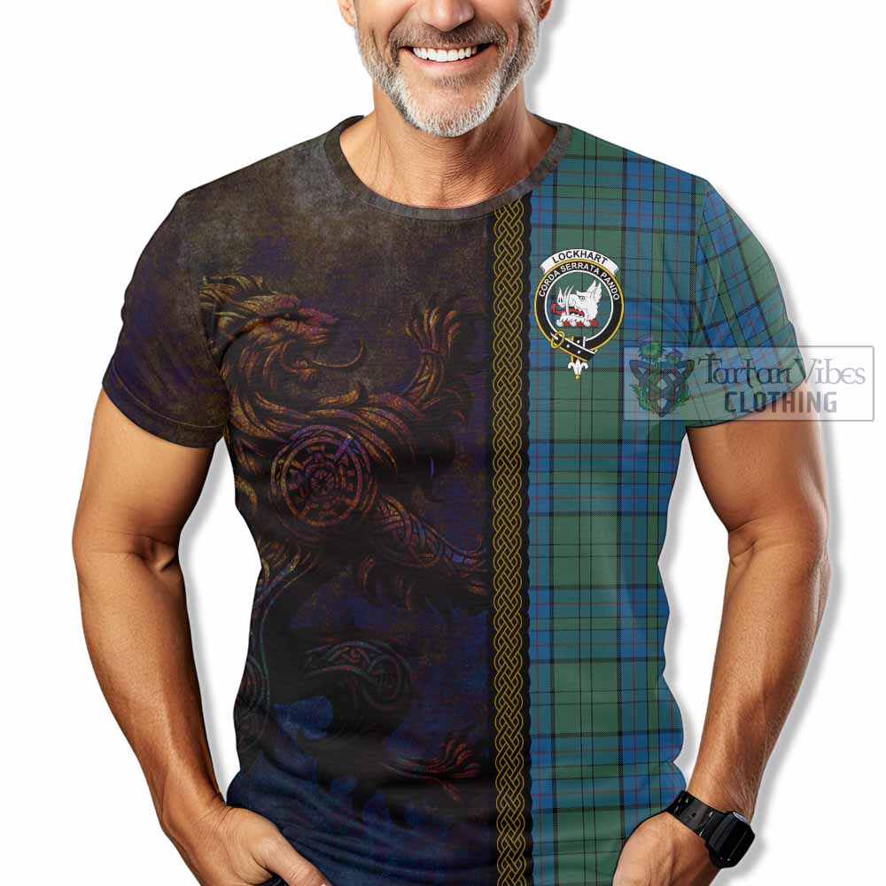 Tartan Vibes Clothing Lockhart Tartan Family Crest T-Shirt Alba Gu Brath Be Brave Lion Ancient Style