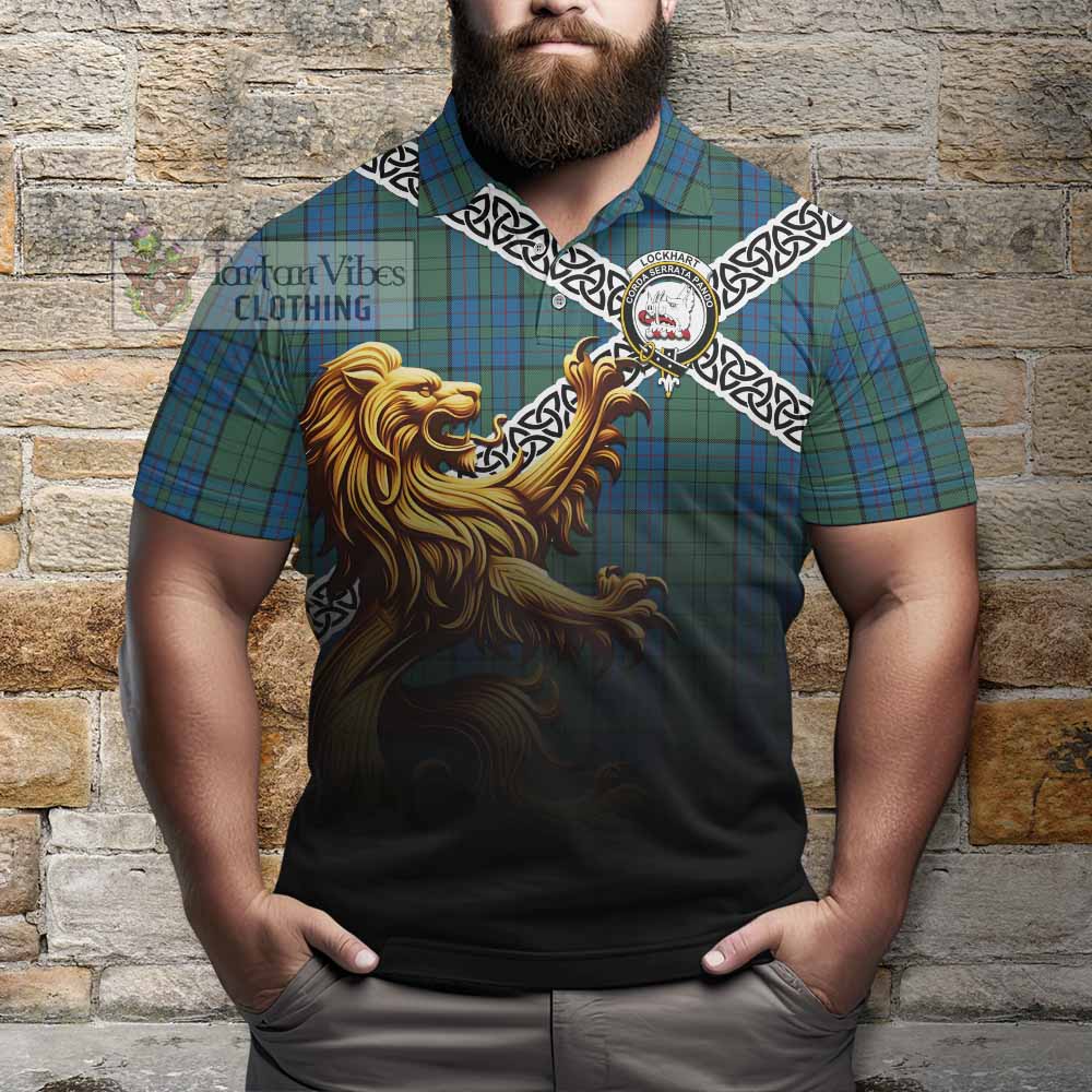 Lockhart Crest Tartan Polo Shirt with Golden Lion Emblem Celtic Style - Tartan Vibes Clothing