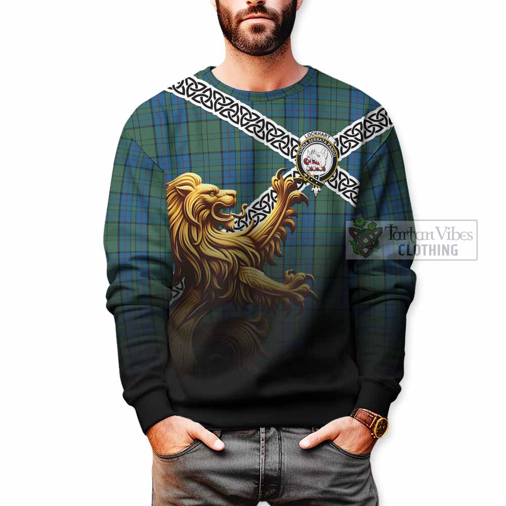Lockhart Crest Tartan Sweatshirt with Golden Lion Emblem Celtic Style - Tartan Vibes Clothing
