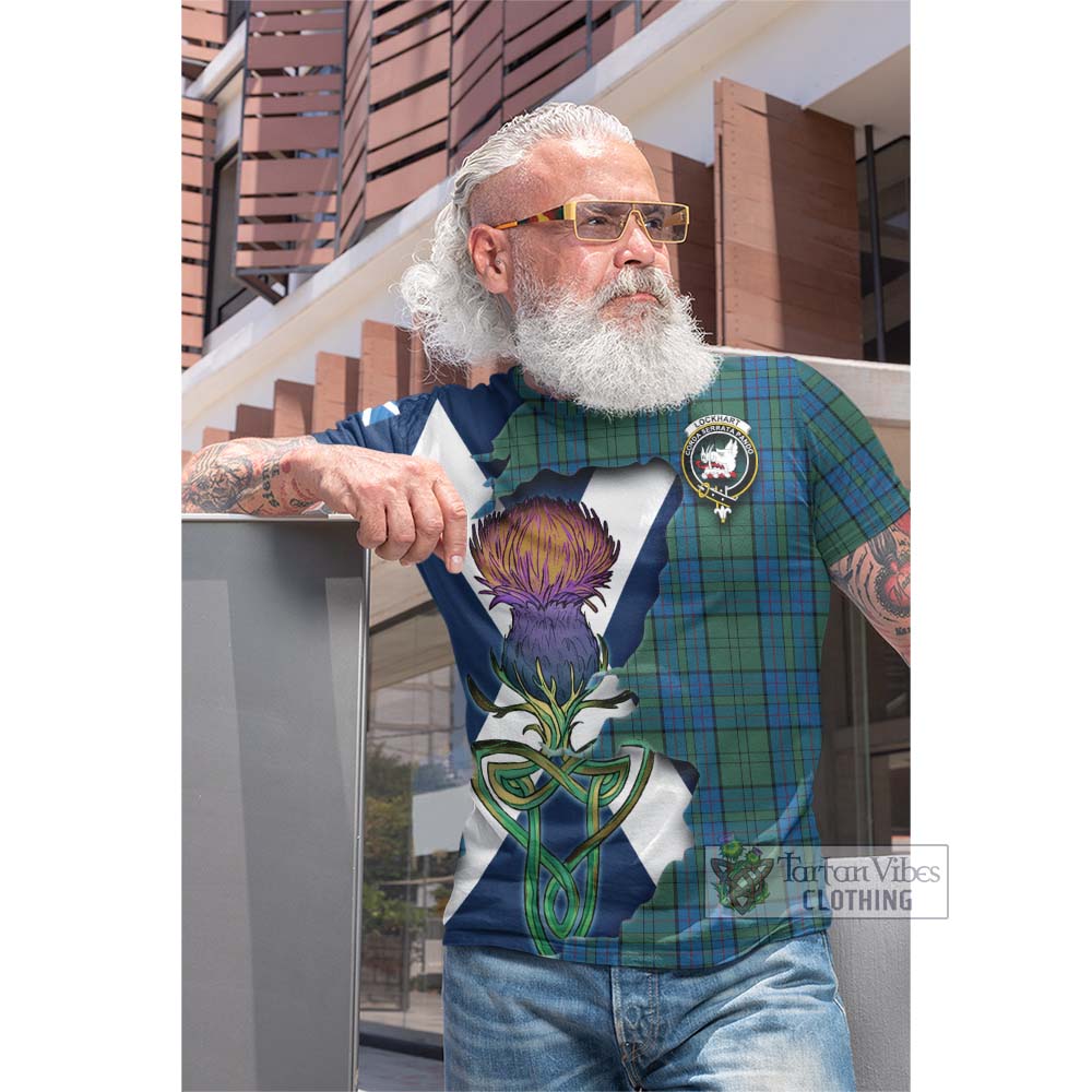 Tartan Vibes Clothing Lockhart Tartan Family Crest Cotton T-shirt Scottish Thistle Celtic Inspired