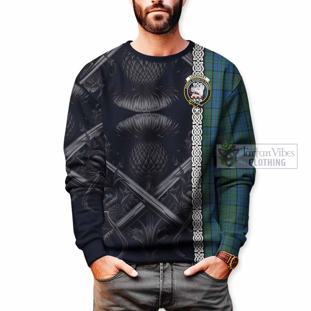 Lockhart Tartan Sweatshirt with Family Crest Cross Sword Thistle Celtic Vibes - Tartan Vibes Clothing