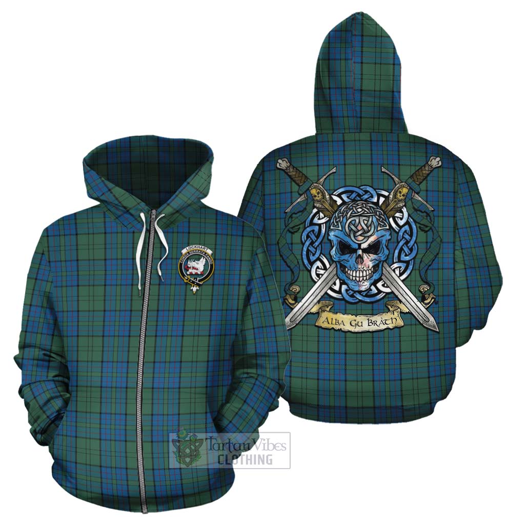 Lockhart Tartan Cotton Hoodie with Family Crest Celtic Skull Style - Tartan Vibes Clothing