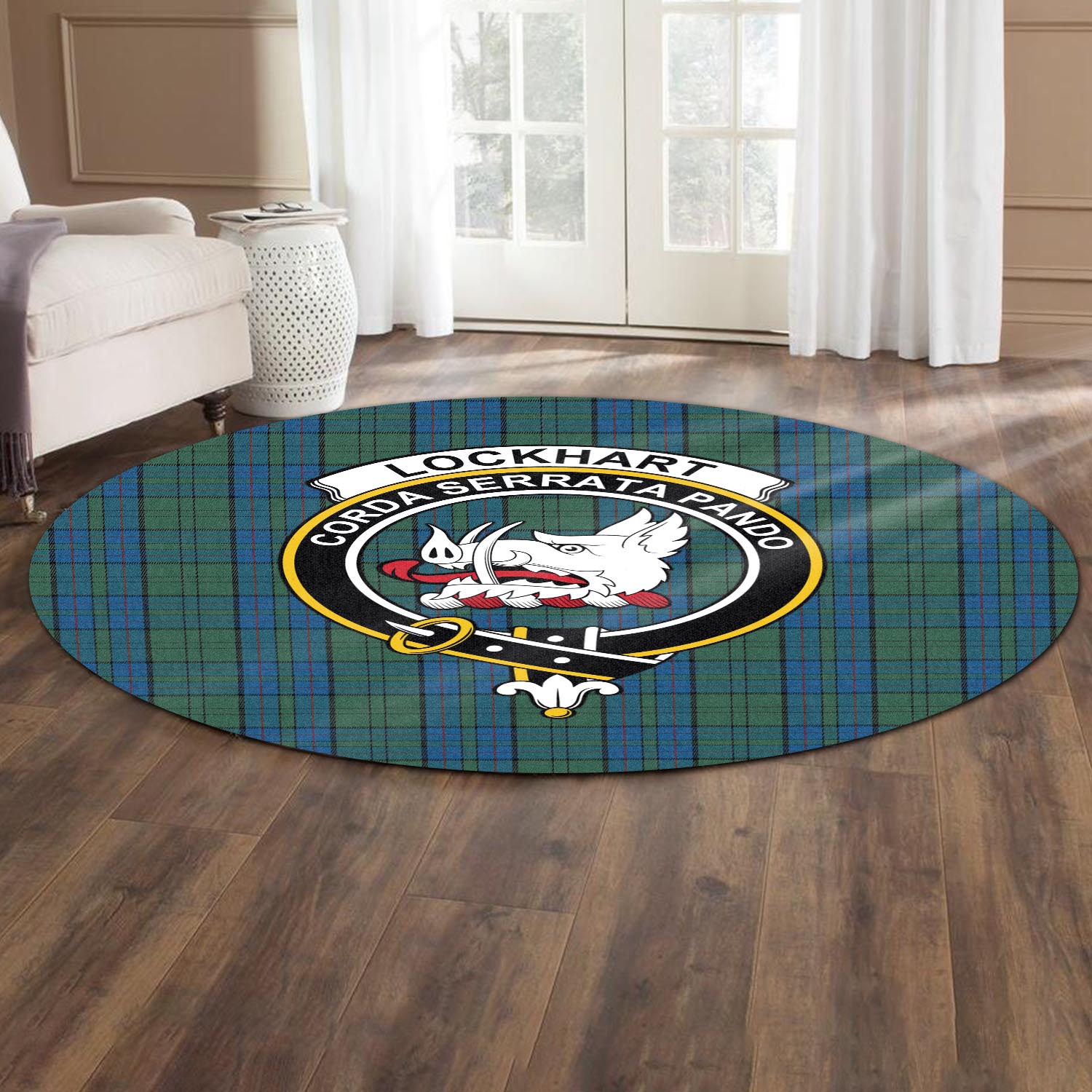 Lockhart Tartan Round Rug with Family Crest - Tartan Vibes Clothing