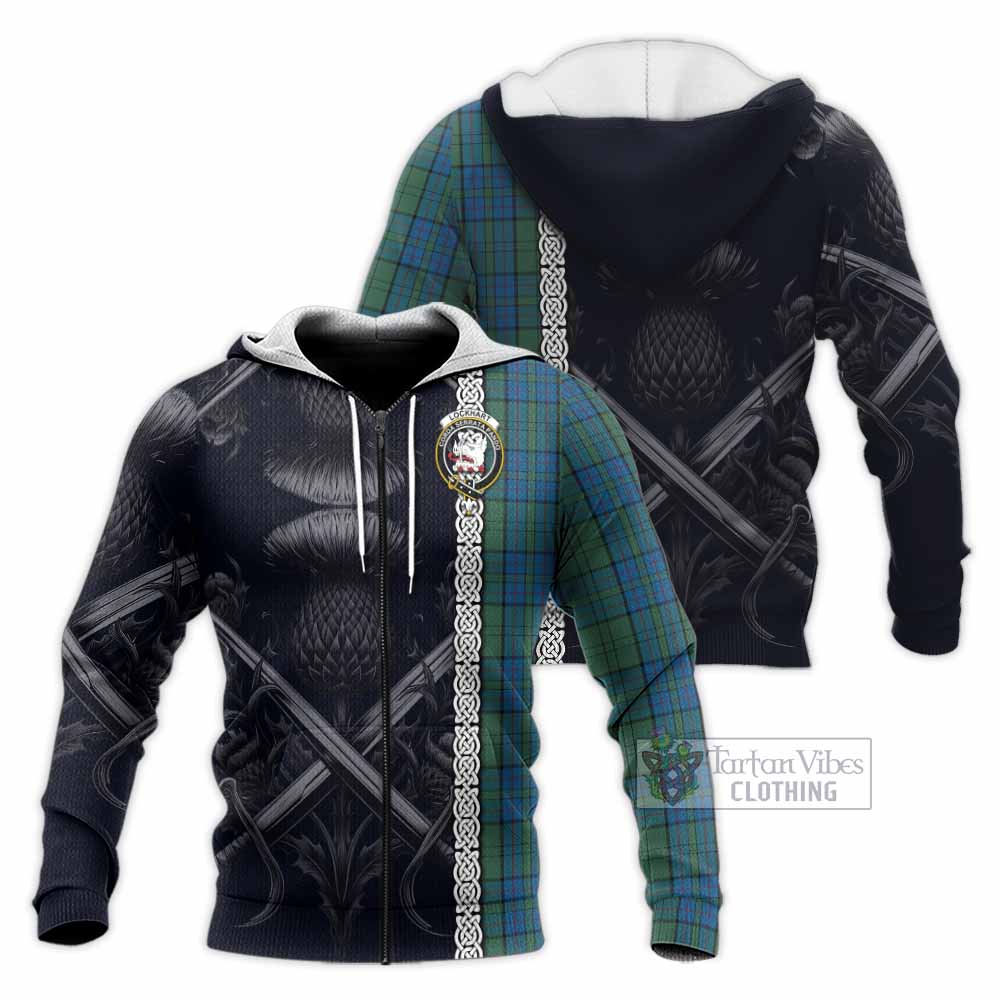 Lockhart Tartan Knitted Hoodie with Family Crest Cross Sword Thistle Celtic Vibes Unisex Knitted Zip Hoodie - Tartan Vibes Clothing