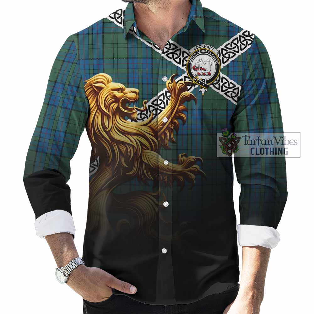 Lockhart Crest Tartan Long Sleeve Button Shirt with Golden Lion Emblem Celtic Style - Tartan Vibes Clothing