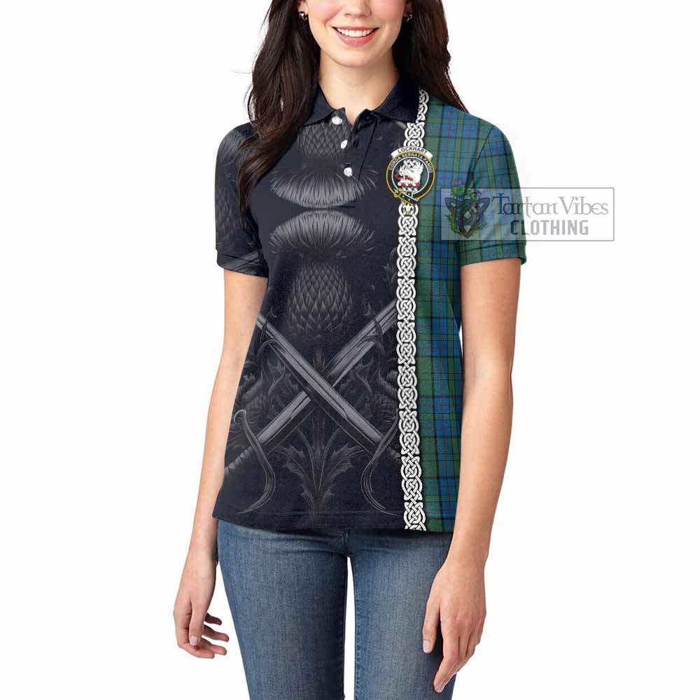 Lockhart Tartan Women's Polo Shirt with Family Crest Cross Sword Thistle Celtic Vibes - Tartan Vibes Clothing