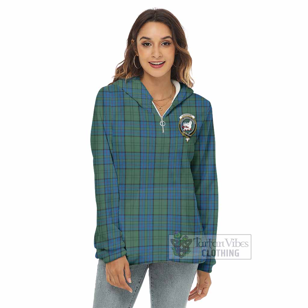 Lockhart Tartan Women's Borg Fleece Hoodie with Half Zip with Family Crest - Tartan Vibes Clothing