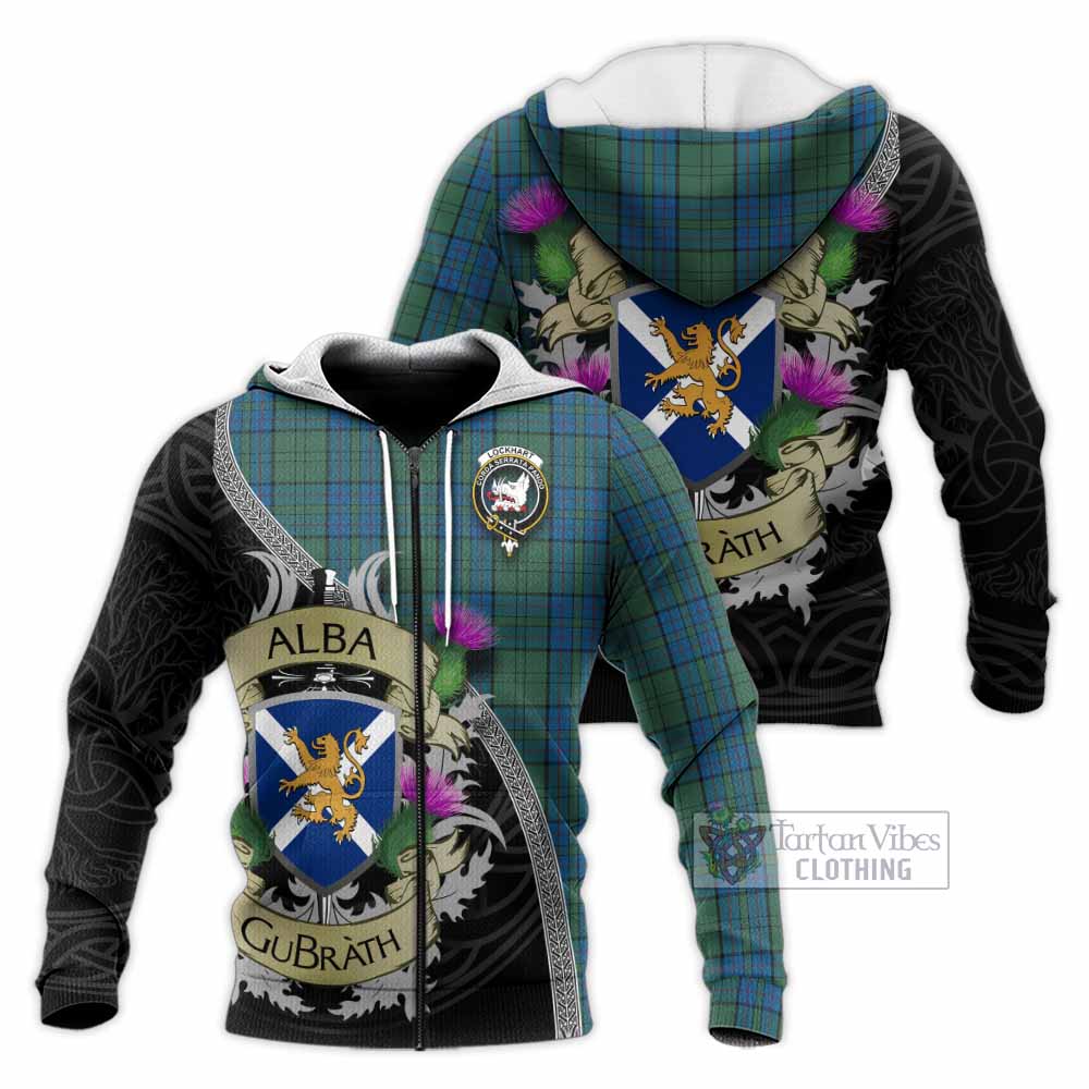 Lockhart Tartan Family Crest Knitted Hoodie Lion Rampant Royal Thistle Shield Celtic Inspired Unisex Knitted Zip Hoodie - Tartan Vibes Clothing