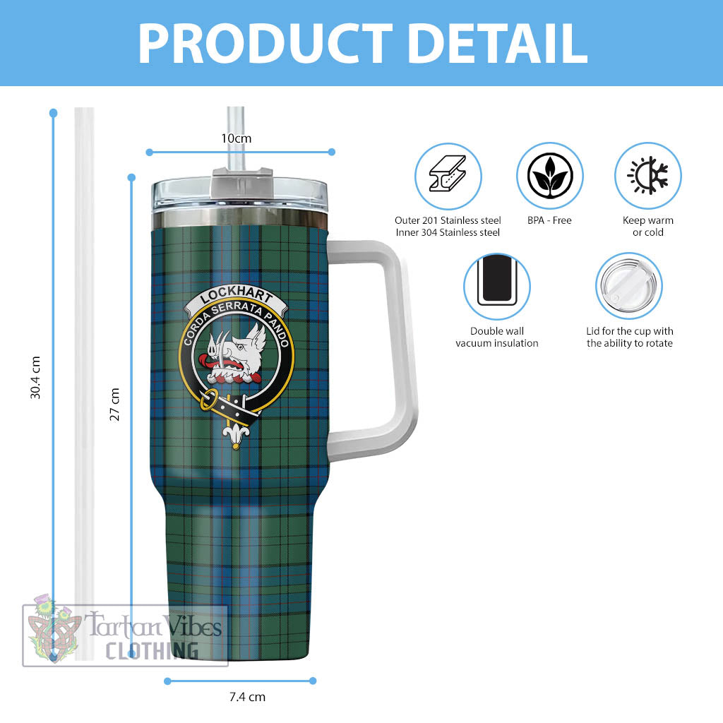 Lockhart Tartan Tumbler with Handle with Family Crest - Tartan Vibes Clothing