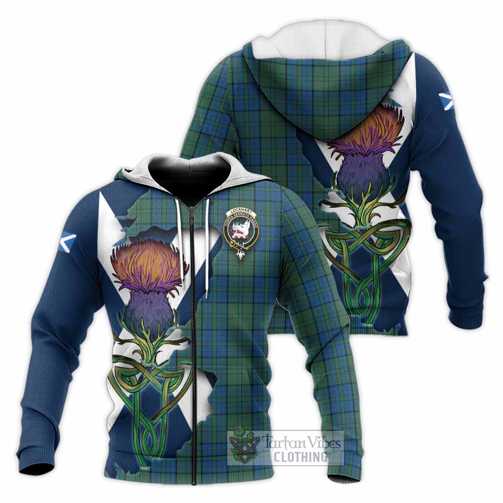 Tartan Vibes Clothing Lockhart Tartan Family Crest Knitted Hoodie Scottish Thistle Celtic Inspired