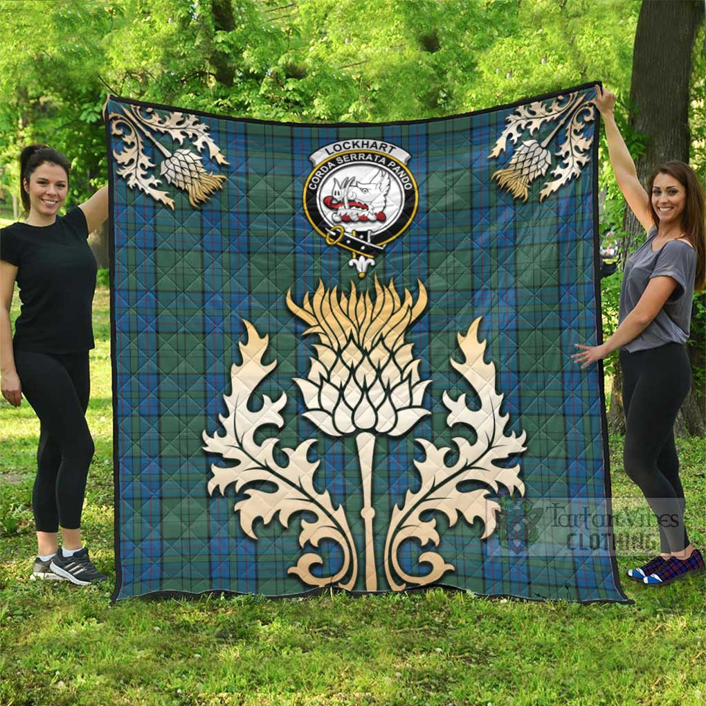 Tartan Vibes Clothing Lockhart Tartan Quilt with Family Crest and Golden Thistle Style