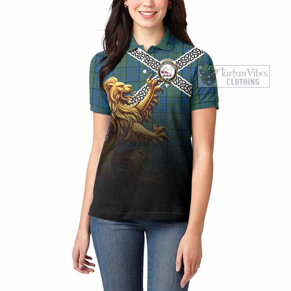 Lockhart Crest Tartan Women's Polo Shirt with Golden Lion Emblem Celtic Style - Tartan Vibes Clothing