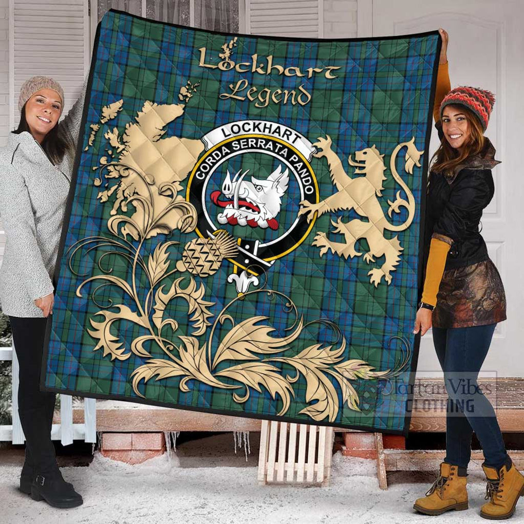 Tartan Vibes Clothing Lockhart Tartan Quilt with Family Crest and Scottish Symbol Style