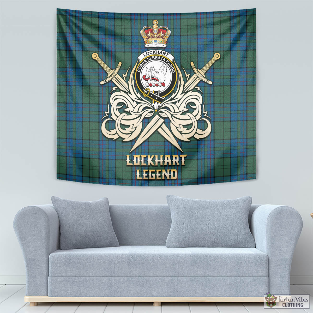 Lockhart Tartan Tapestry with Clan Crest and the Golden Sword of Courageous Legacy - Tartan Vibes Clothing