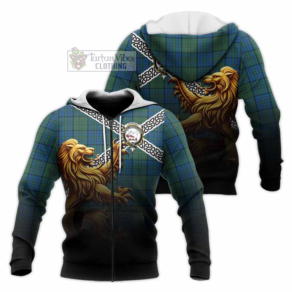 Lockhart Crest Tartan Knitted Hoodie with Golden Lion Emblem Celtic Style Unisex Knitted Zip Hoodie - Tartan Vibes Clothing
