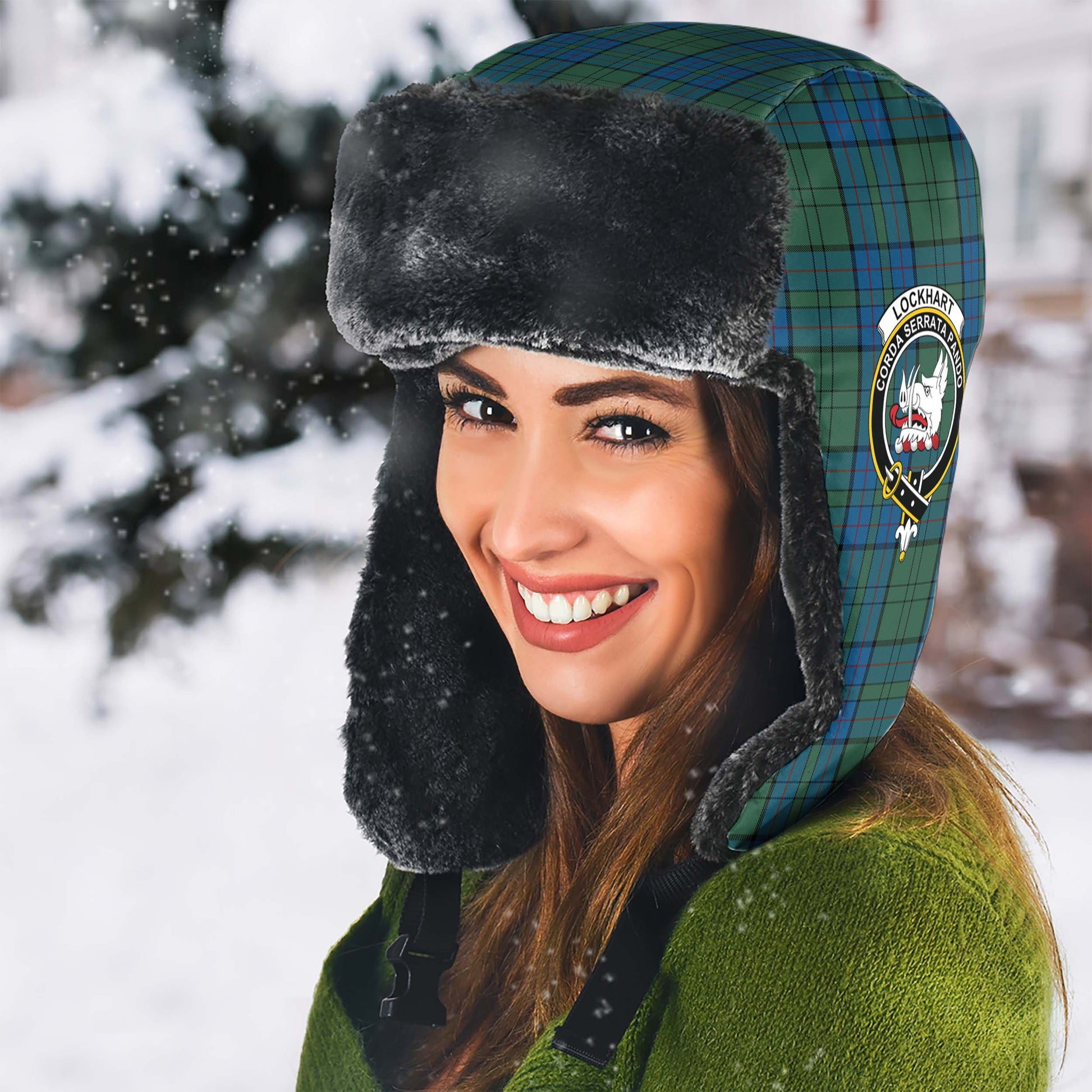 Lockhart Tartan Winter Trapper Hat with Family Crest - Tartan Vibes Clothing