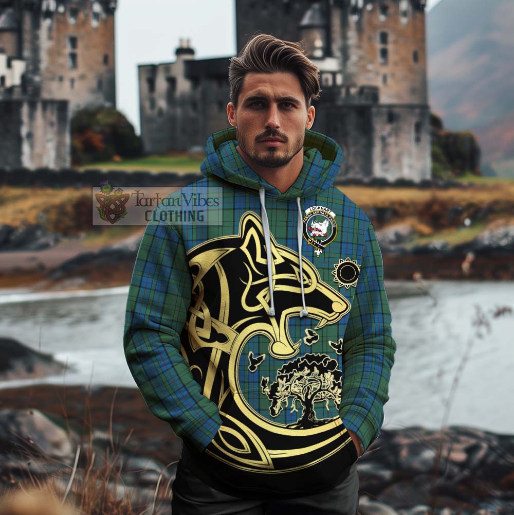 Lockhart Tartan Cotton Hoodie with Family Crest Celtic Wolf Style - Tartan Vibes Clothing