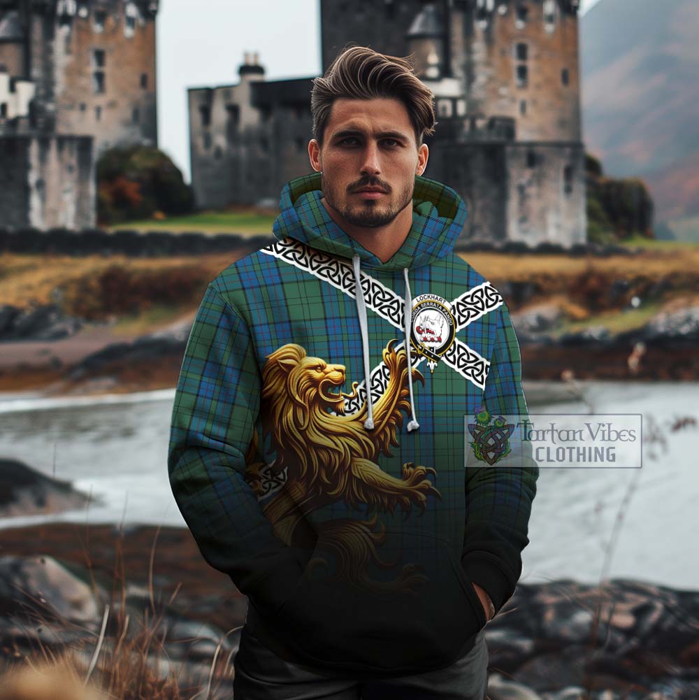 Lockhart Crest Tartan Cotton Hoodie with Golden Lion Emblem Celtic Style - Tartan Vibes Clothing