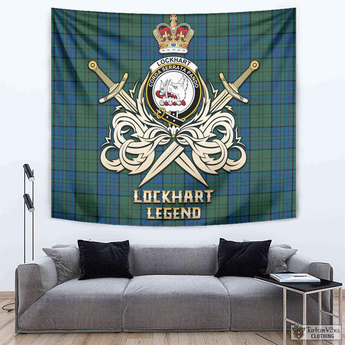 Lockhart Tartan Tapestry with Clan Crest and the Golden Sword of Courageous Legacy - Tartan Vibes Clothing