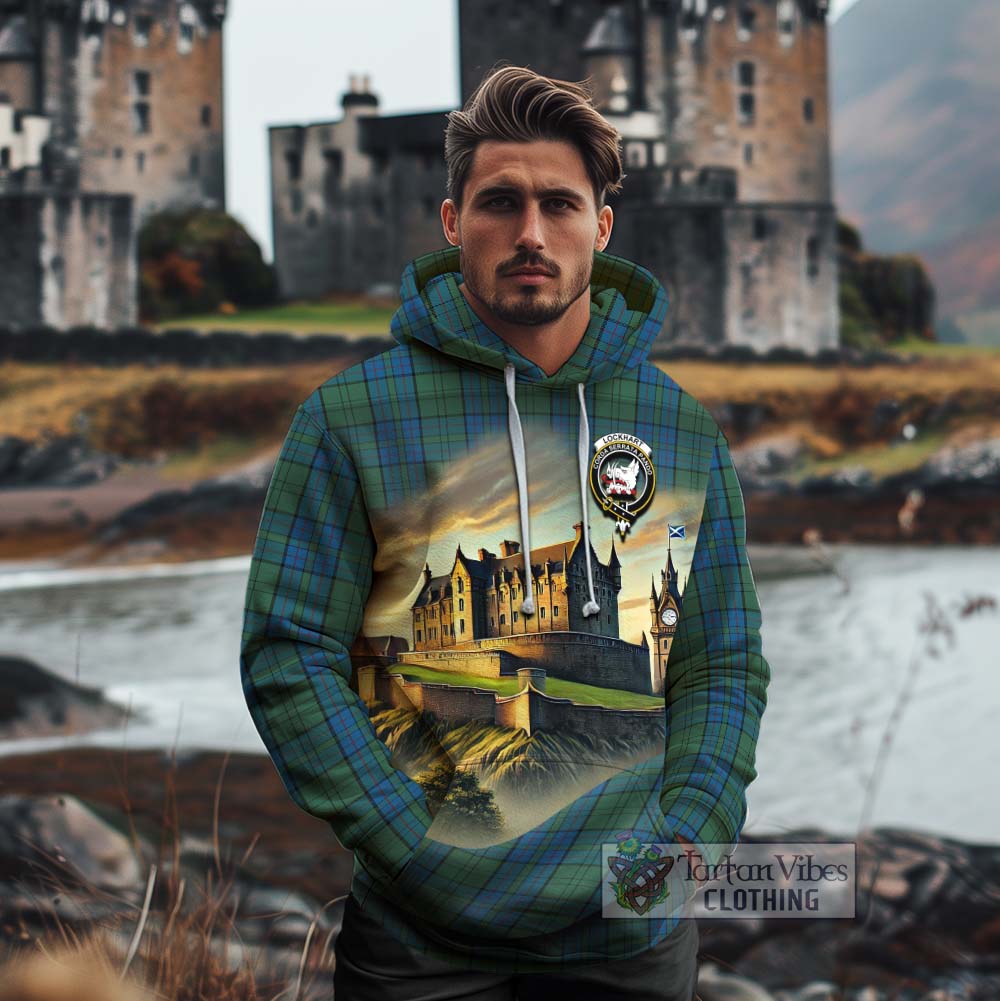 Lockhart Tartan Family Crest Cotton Hoodie with Scottish Ancient Castle Style - Tartan Vibes Clothing