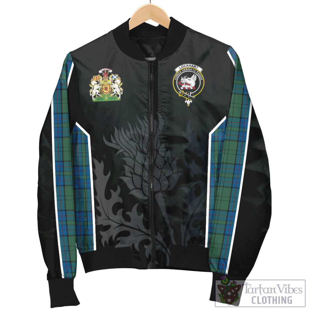 Tartan Vibes Clothing Lockhart Tartan Bomber Jacket with Family Crest and Scottish Thistle Vibes Sport Style