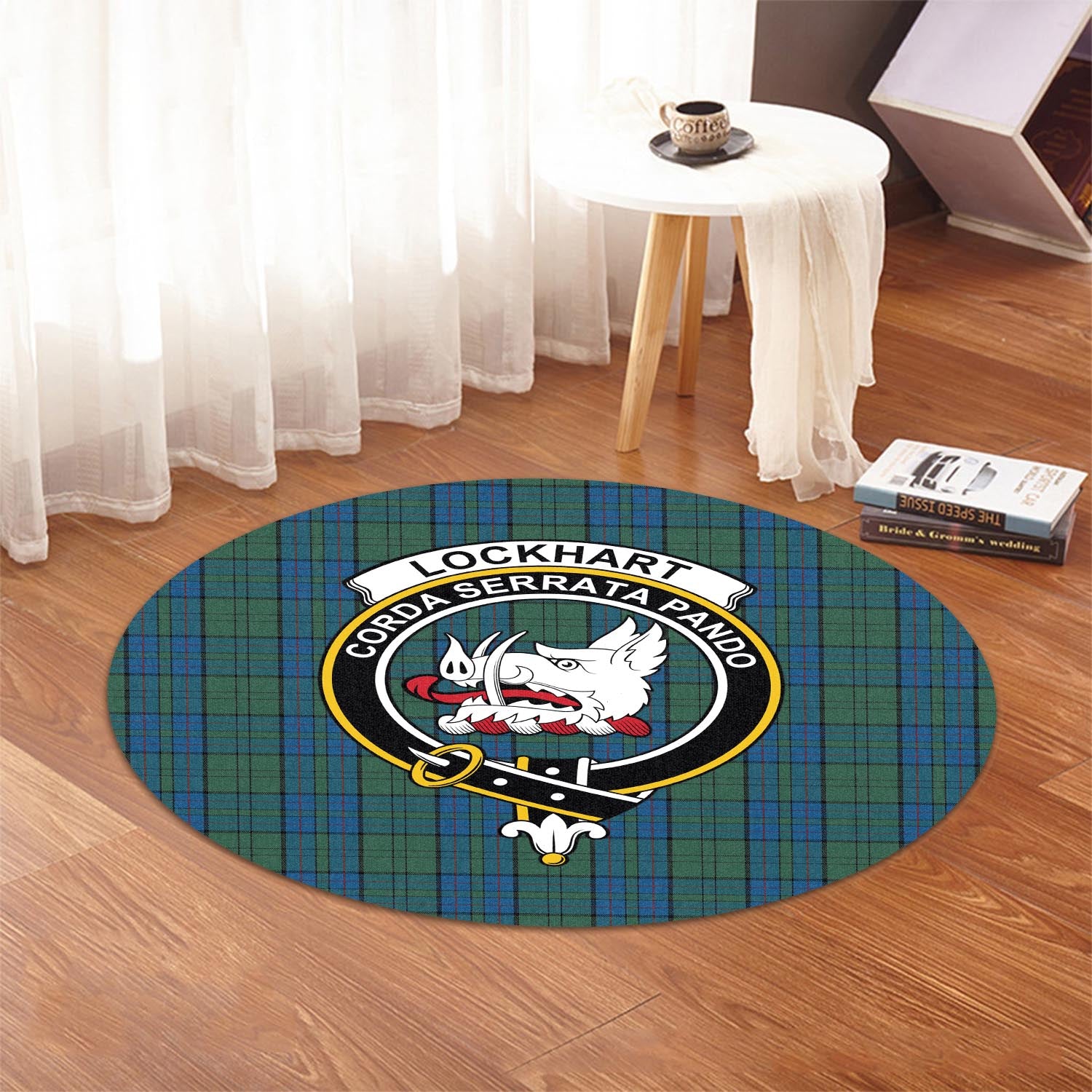 Lockhart Tartan Round Rug with Family Crest - Tartan Vibes Clothing