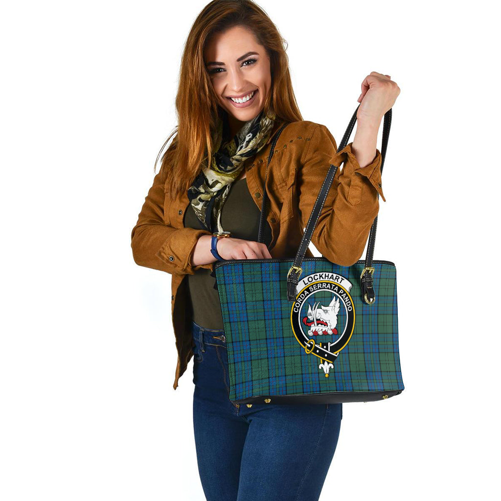 Lockhart Tartan Leather Tote Bag with Family Crest - Tartan Vibes Clothing