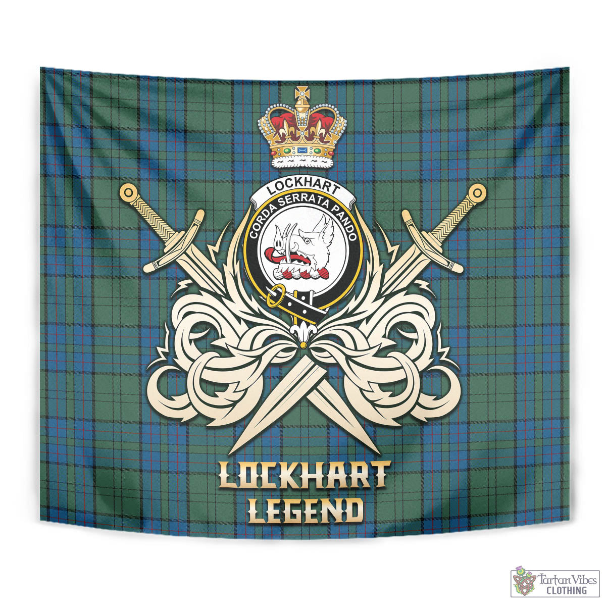 Lockhart Tartan Tapestry with Clan Crest and the Golden Sword of Courageous Legacy - Tartan Vibes Clothing