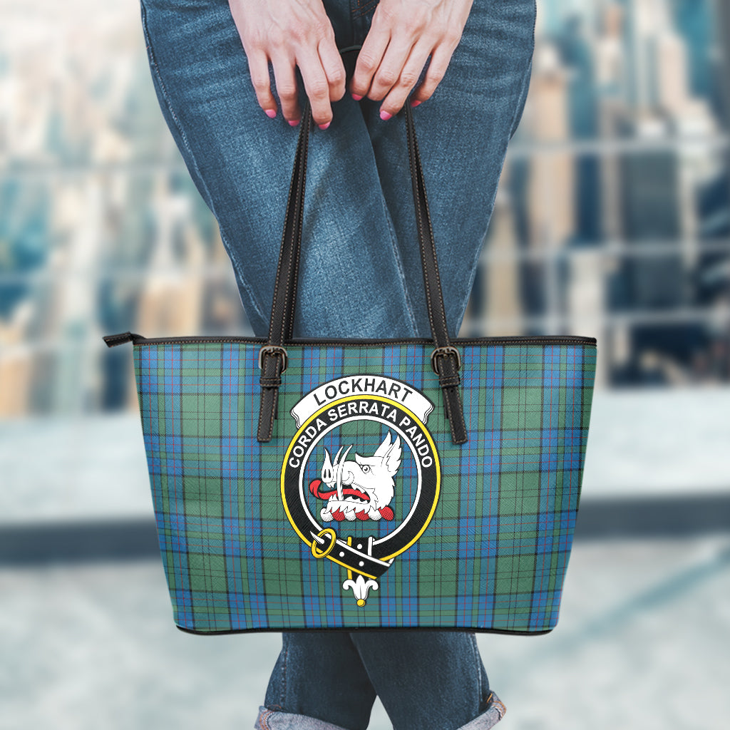 Lockhart Tartan Leather Tote Bag with Family Crest - Tartan Vibes Clothing